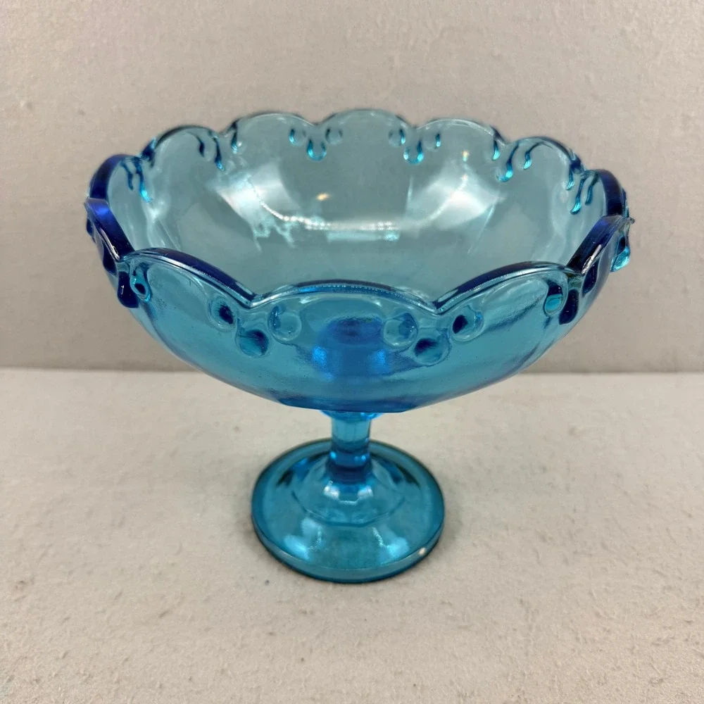 Vtg Indiana Glass Blue Teardrop Garland Pedestal Compote Bowl MCM Centerpiece 8
